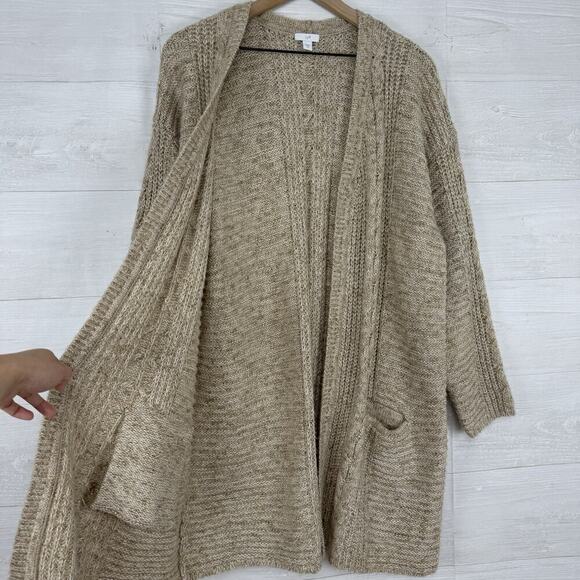 J.Jill Size M Long Cardigan Tan Open Front Cable Knit Lightweight Pockets Cotton - Picture 5 of 15